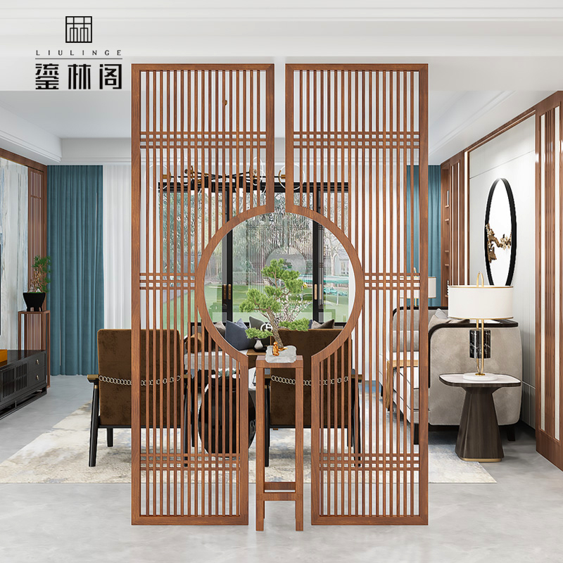 New Chinese screen partition wall living room home solid wooden grid obscure porch office floral frame restaurant customization