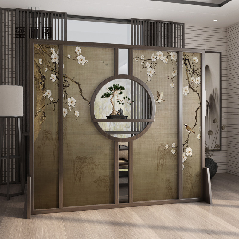 Chinese Screen Partition Living Room Entrance into the house Xuanguan solid wood disposal board Brief about modern tea room office In the door shelter