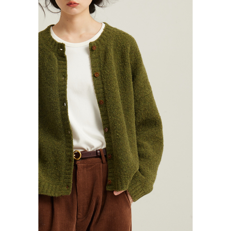 Prefree Floating Notes/ Moss Green Lazy Style Textured Wool Loose Sweater Cardigan