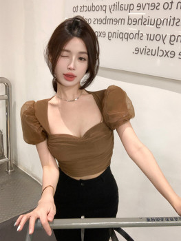 French retro mesh puff sleeve shirt women's summer short sweet hot girl neck slim fit design top