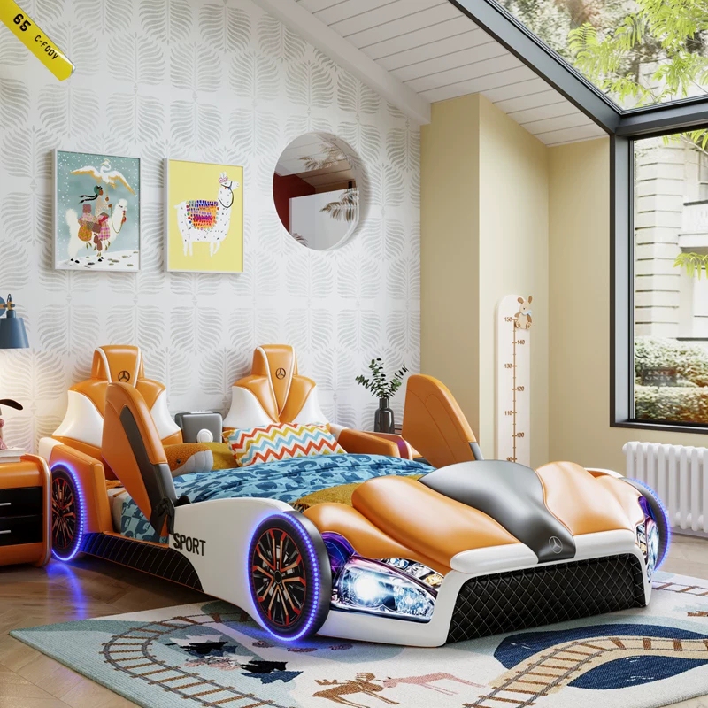 2026 New Model Children's Car Bed Boys' Sports Car Bed with Guardrails Creative 1.5m Boys' Bed with Storage Space Cartoon