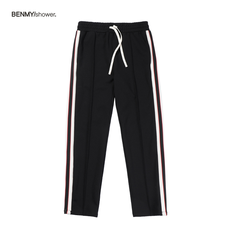 BENMYSHOWER National Tide side knit strap panels straight leg men's and women's sweatpants loose striped casual pants