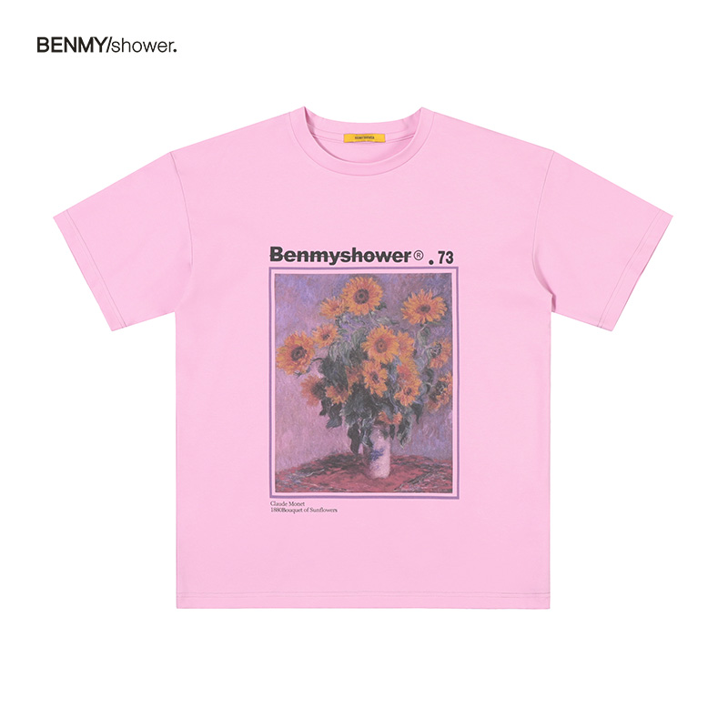 BENMYSHOWER Guochao Brand Original Van Gogh Oil Painting Sunflower Couple Leisure Loose Crewneck T-shirt Short Sleeve