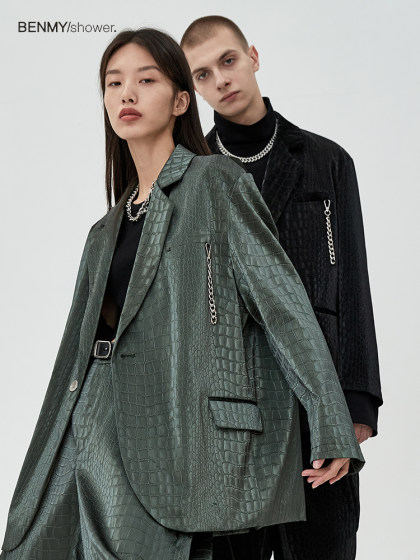 benmyshower国潮鳄鱼纹皮衣夹克潮牌宽松炸街廓形皮西装外套男女