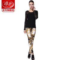 Langsha quần ấm thời trang kỹ thuật số in quần ấm đôi dày cộng với quần legging nhung mùa thu và vớ mùa đông - Quần nóng lên quần tất nữ lót lông