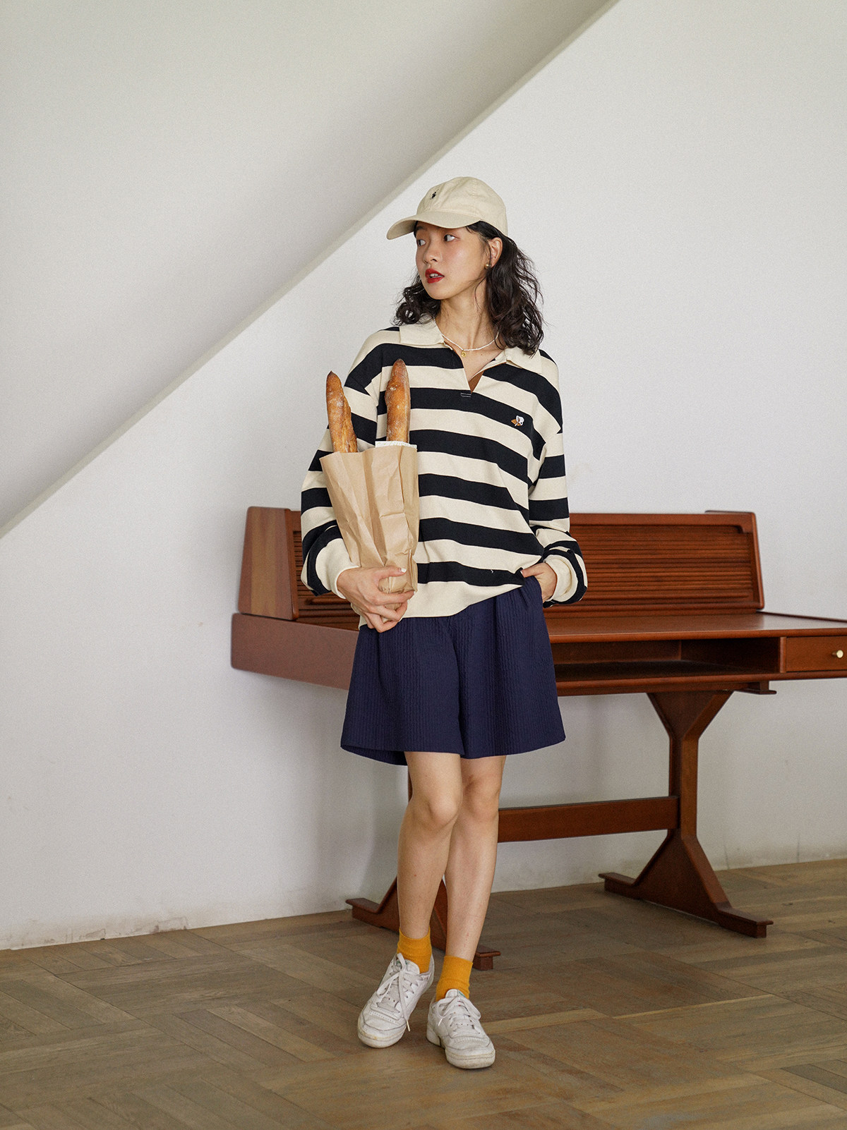 Botanique botanical new latte black and white wide striped polo collar loose pullover casual top women