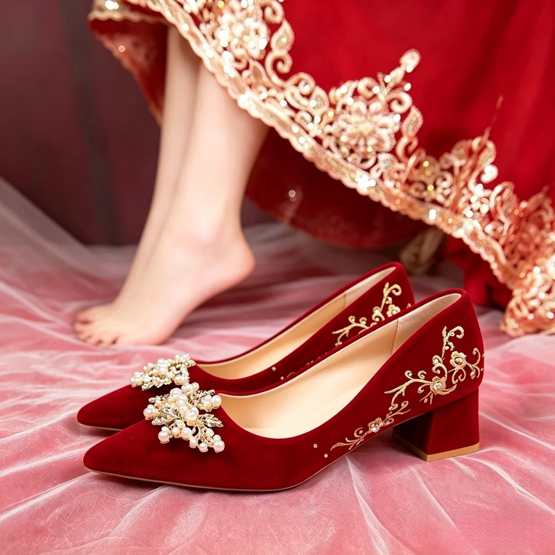 British Genuine Leather Chinese-Style Red Wedding Shoes for Women, Autumn 2026 New Model, Chunky High Heels, Bride's Comfortable Soft-Soled Single Shoes