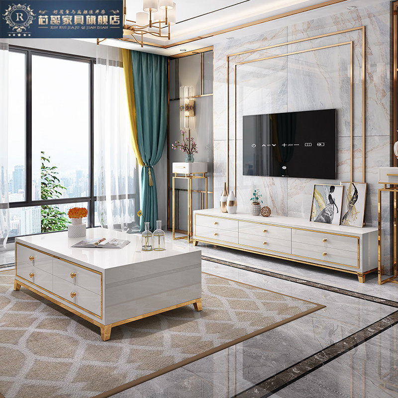 Light luxury 8 drawers tea table TV cabinet combination set modern style simple stainless steel paint black and white furniture