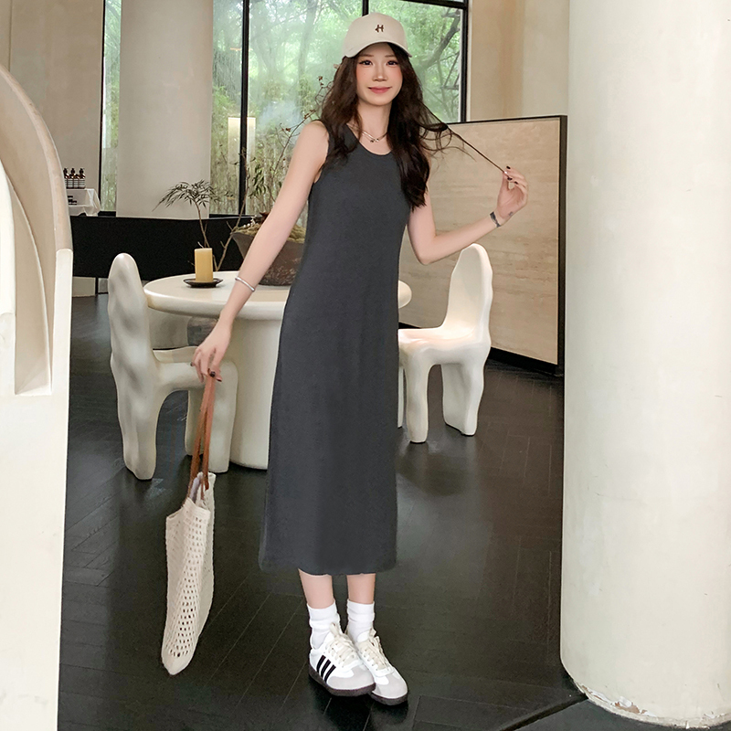 Minimalist Gray Drapey Paper-Thin Minimalist Versatile Tank Dress Casual Sleeveless Slimming Spring and Summer Spaghetti Strap Long Dress