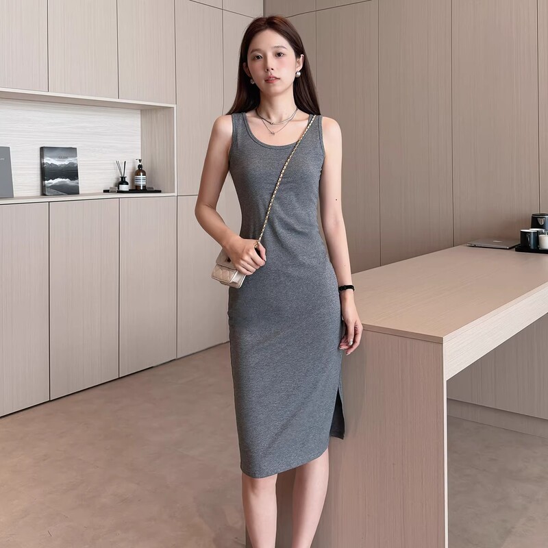 Gray Vest Dress for Women 2026 New Style Pure Cotton Slim Fit Mid-Length Sleeveless Suspender Dress with Wide Shoulder Straps and Slit