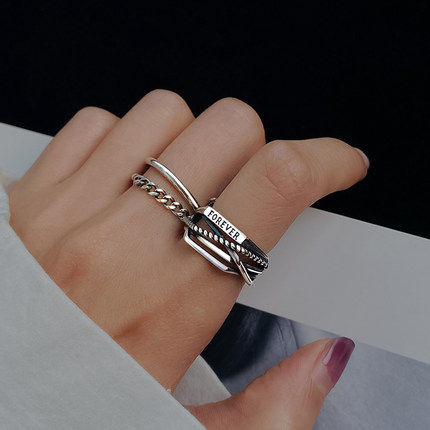 925 pure silver ring female fashion ins tide personality lukewarm and small crowdsourced design ring chain forefinger retro monsoon