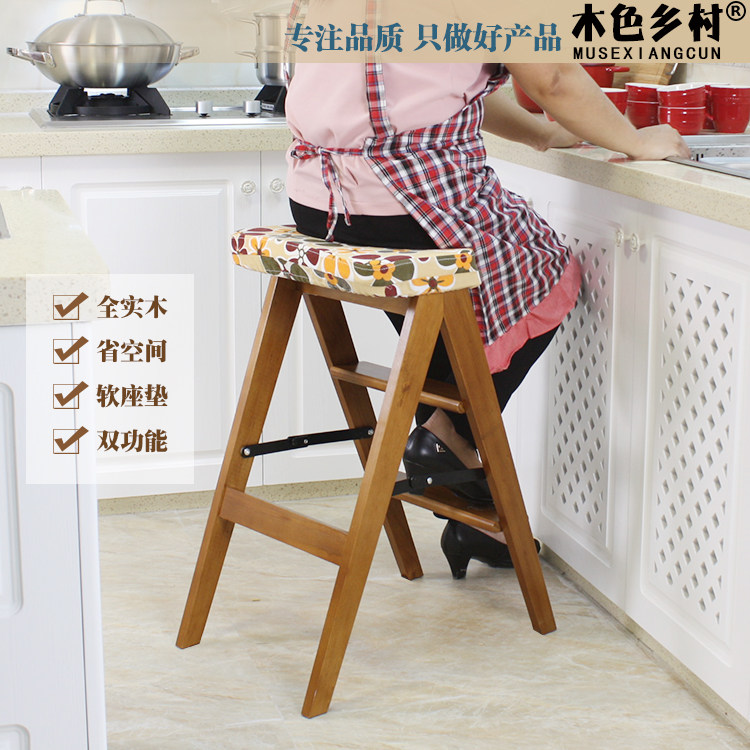 Folding stool Solid wood folding ladder stool Kitchen stool Multi-functional portable wooden ladder folding chair Household dual-use ladder chair