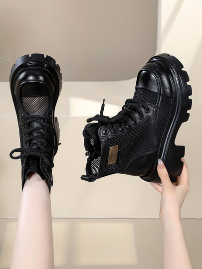 Genuine Leather Thin Thick-Soled Mesh Martin Boots for Women, Summer 2025 New Style, Fashionable, Breathable, Height-Increasing, Versatile Cool Boots