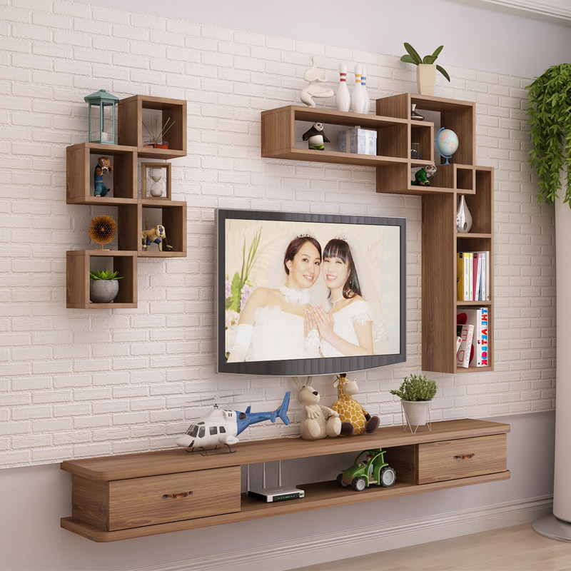Solid wood wall shelf wall-mounted TV cabinet combination living room TV background wall decoration rack storage cabinet small apartment
