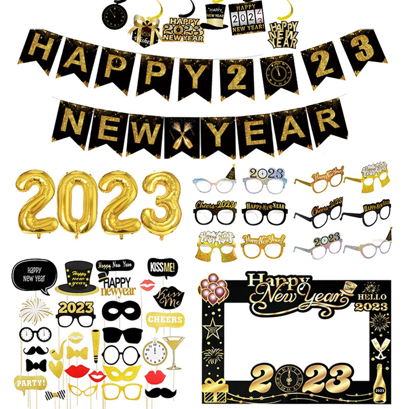 2023 Happy New Year paper props photo frame glasses pull flag party party party party party decoration