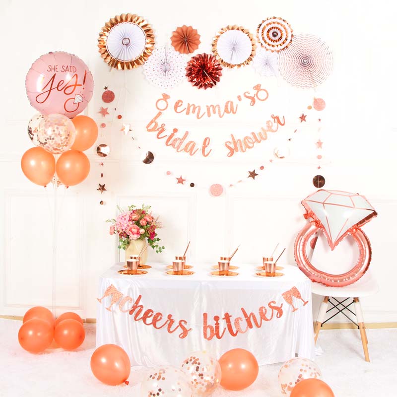 Rose Gold Bachelor Party Decoration Suit Bridal Showering Arrangement Labanner Diamond Ring Engagement Report White Balloon