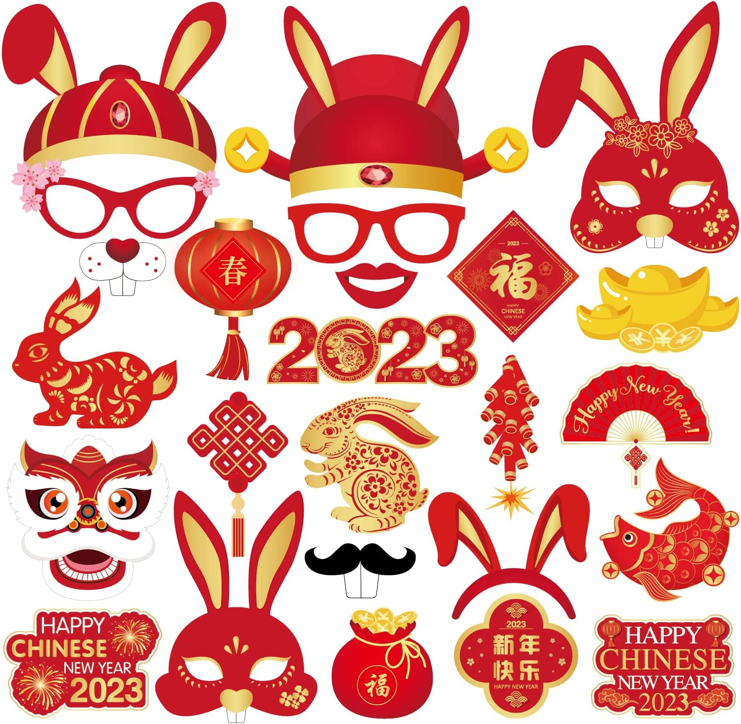 Chinese Red New Year's Dark Hat Beard Glasses Photo Handheld Prods Company Party Event