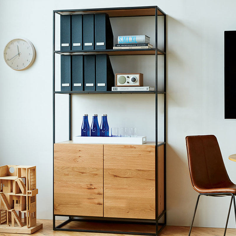 American Loft Nordic Bookshelf Living Room Retro Bookcase Iron Art Solid Wood Shelve Industrial Wind Dining Room Containing Cabinet