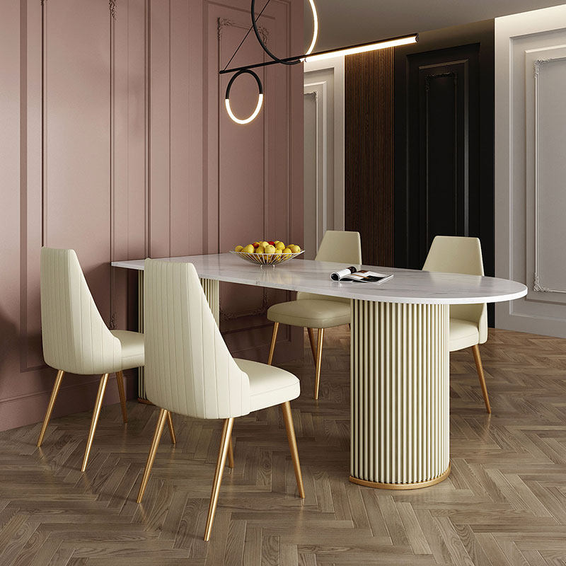 Ideostyle light and luxurious slab in island Terri table One with open kitchen leaning against wall marble Half oval dining table and chairs