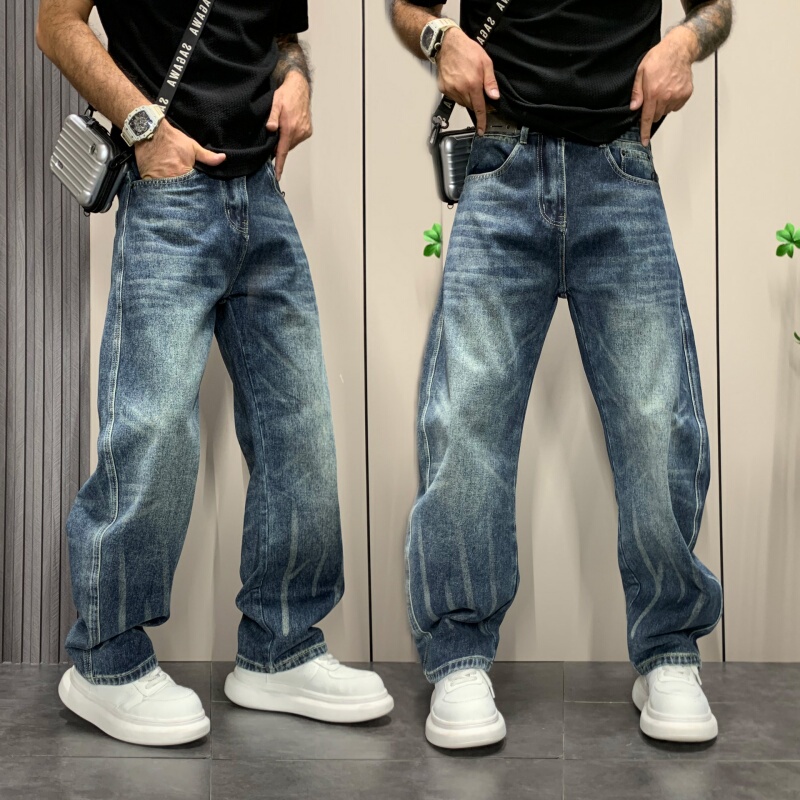 Men's Jeans Autumn Lightning Pattern Stretch 2025 New Straight Casual Long Pants Washed Drape Men's Trendy Style