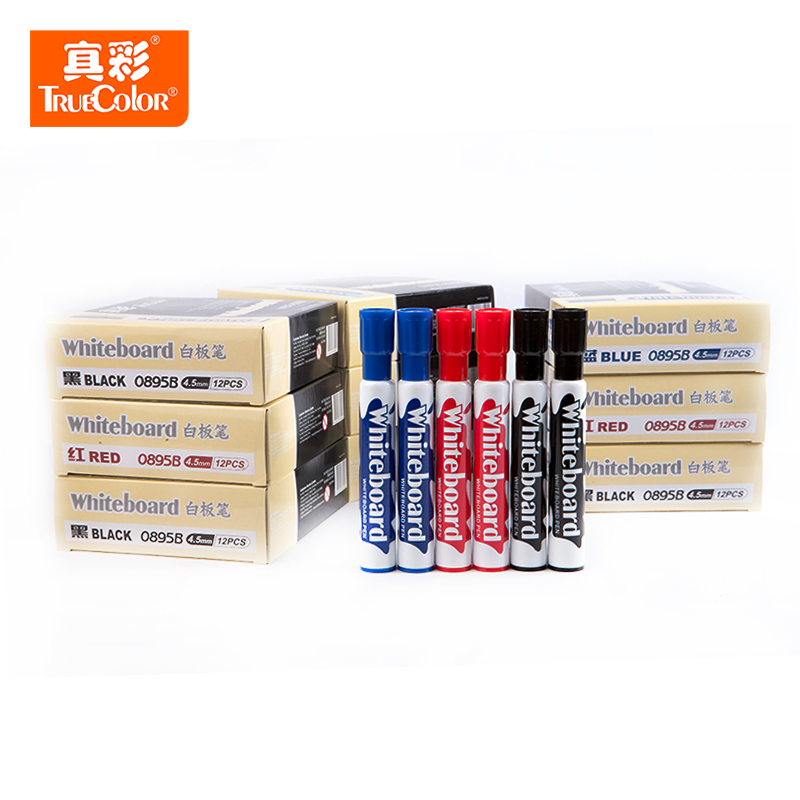 True color whiteboard pen true color 0895B whiteboard pen black blue red water-based whiteboard pen round head 12 pieces