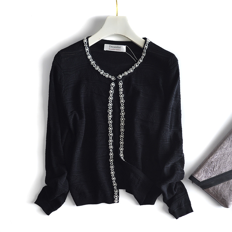 Thanh lịch nhỏ hương thơm đính cườm hollow solid color dài tay áo một nút đan cardigan nữ ngắn nữ coat 3954 áo len cổ lọ form rộng