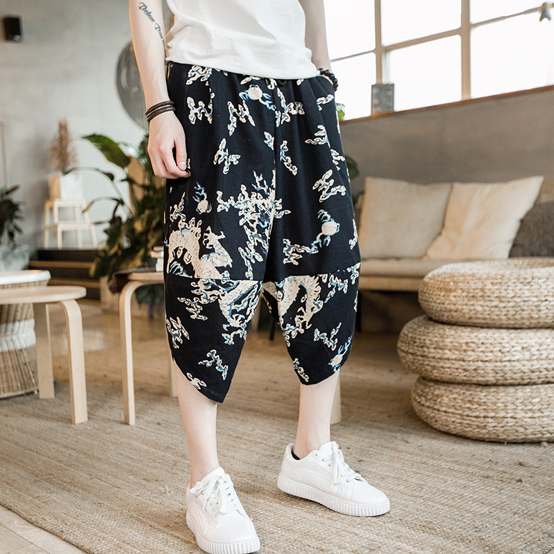 Phong cách Trung Quốc áo crop top quần mùa hè gió quốc gia lỏng lẻo quần rộng chân cộng với phân bón XL chất béo thủy triều quần sooc bò nam