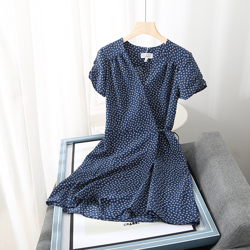Spanish D Summer New Vintage Slimming Waist-Tie V-Neck Printed Wrap Mini A-Line Dress for Women
