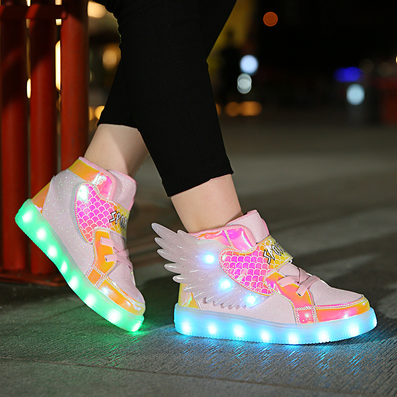 Spring and Autumn New Children's Led Rechargeable Luminous Shoes Girls USB Colorful Light Shoes Boys with Wings Lighting Shoes