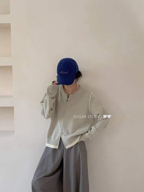 YOYO-New Korean style round neck stitching contrasting zipper sweater round neck thin long-sleeved knitted top hot style