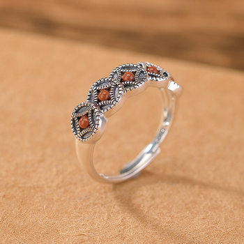 Auction s925 sterling silver southern red agate ring retro distressed personalized versatile coin women's open silver ring
