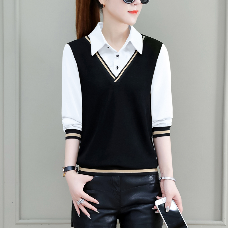Long-Sleeved Shirt for Women, High-End, Chic, Fake Two-Piece Top, Unique Design, Niche French-Style Shirt, Thin Spring and Autumn Wear