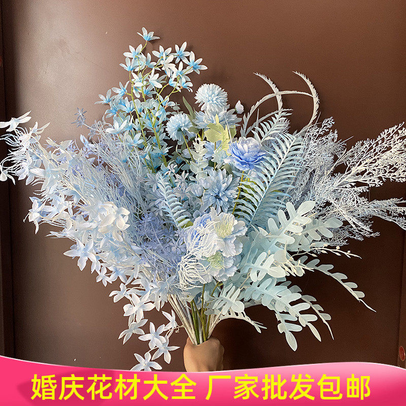 Wedding ceremony scene flower arrangement single branch flower material high branch hanging flower decoration blue series full suspension ceiling simulation silk flower