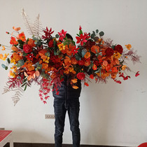 New stage road to guide flowers Chinese style red wedding simulation flower wedding cloth background long flower