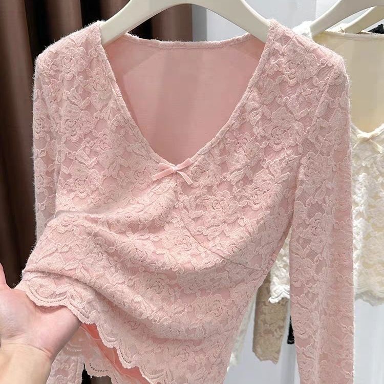 Pink Bow V-Neck Long-Sleeved T-Shirt, New Autumn and Winter Korean Style Outfit, Lace Jacquard Slimming Inner Top