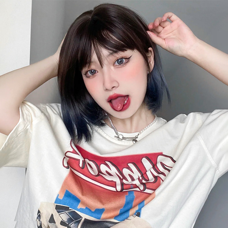 Wig short hair female summer cool natural full head short hair hairstyle gradually layer haze blue bobo head wig set