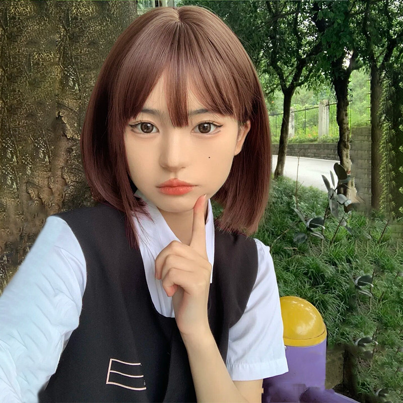 Wig short hair female summer Net red bobo head day age reduction air bangs short straight hair natural simulation full head cover