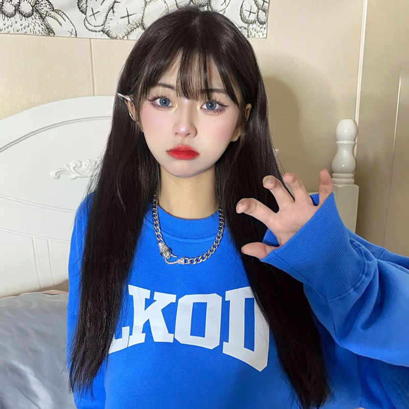 Wig female summer hair natural full head set suitable for round face medium hair hairstyle black long straight hair wig set