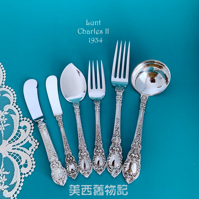 American sterling silver cutlery Lunt 1934 Charles II Rococo relief fork salad dessert fork fork