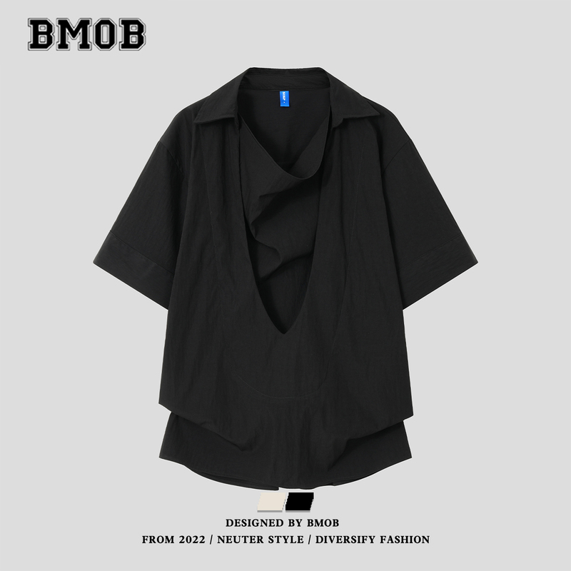 Bmob Fashion Niche Dark Style Fake Two-Piece Short-Sleeve Shirt for Men and Women, Summer Loose Fit with a Unique Collar Design Pullover Shirt