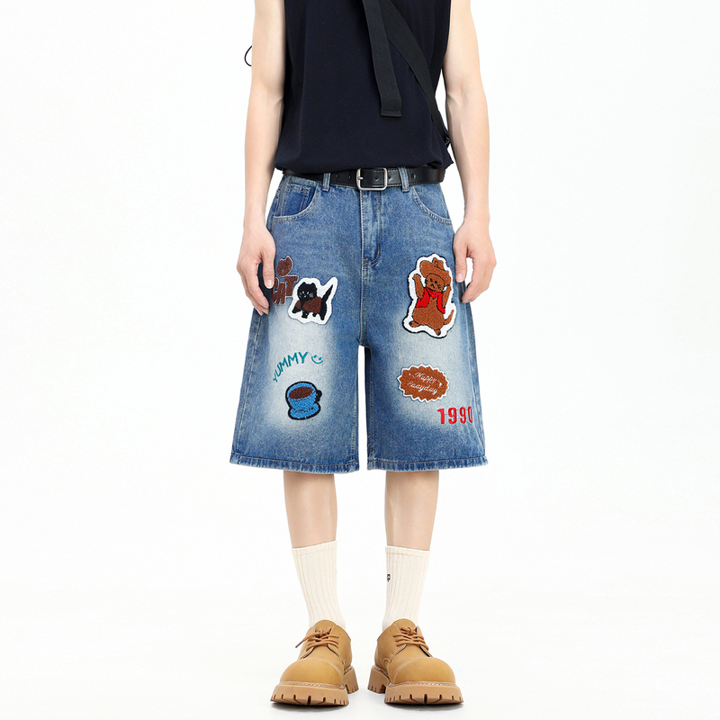 Bmob American Cartoon Style Fun Towel Embroidery Denim Shorts for Men and Women, Vibe Fashion Loose High Street Trendy Brand Five-Point Shorts