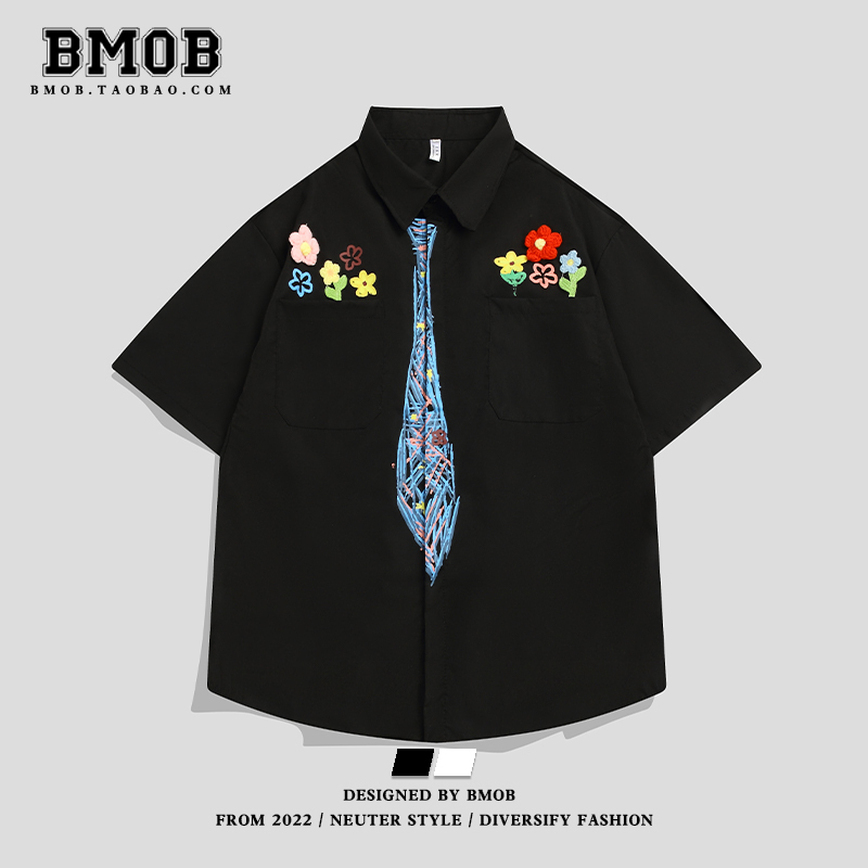 Bmob Japanese Retro Crayon Hand-Painted Tie Flower Design Short-Sleeve Shirt Unisex Trendy Brand Loose Top Trendy
