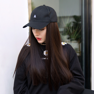 taobao agent The hat with wig women integrated autumn and winter long hair, long straight hair letter embroidery, natural simulation fashion net red full set