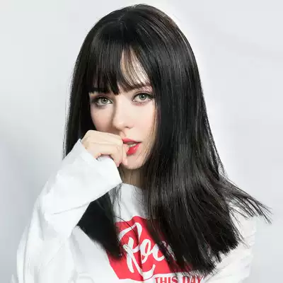 Wig women's long hair full head cover net red collarbone black long straight hair natural lifelike whole wig set fake hair