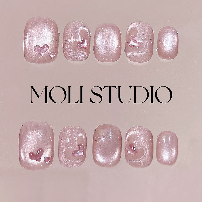 Molinail Heart-To-Heart Wearable Nails New Bridal Short Heart-Shaped Cat Eye Manicure Purely Handmade Nail Finished Product