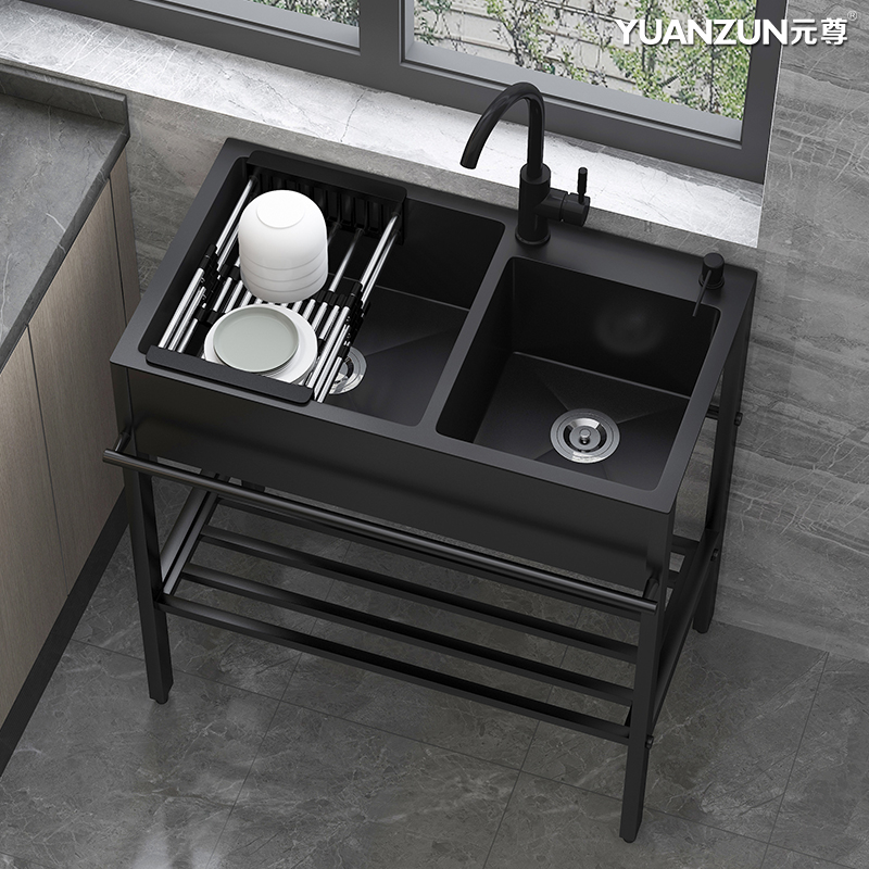 Simple Wash Basin Single Sink With Bracket Kitchen Sink Double Sink Stainless Steel Washbasin Integrated Dishwashing Pool Black