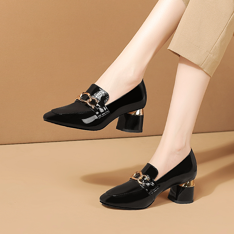 Coarse Heel Single Shoes Woman Lacquer Leather Shoes Children Yinglun Spring Women Shoes 100 Lap High Heels One Foot Pedal Leather Shoes Lefu Shoes Woman