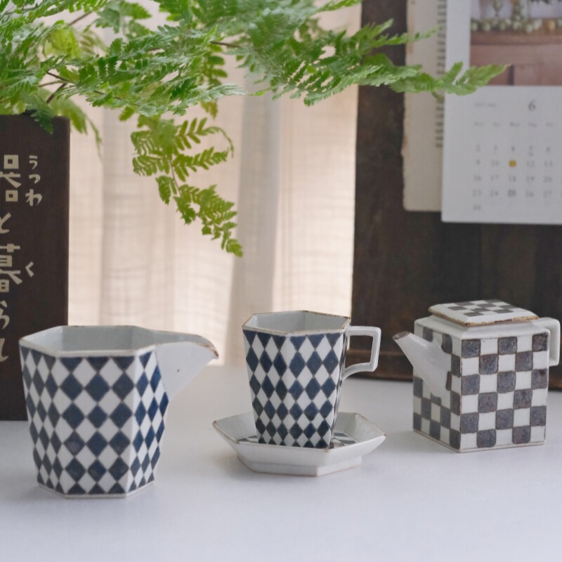 國內現貨日本作家高島大樹手作藍格子六角杯六角碟盤大格杯