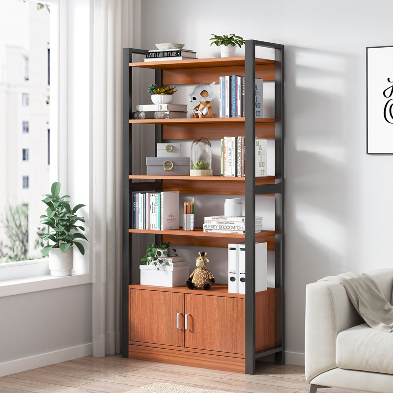 Industrial wind bookshelf bookcase Floor shelf Living room storage shelf Office steel and wood strong display cabinet shelf