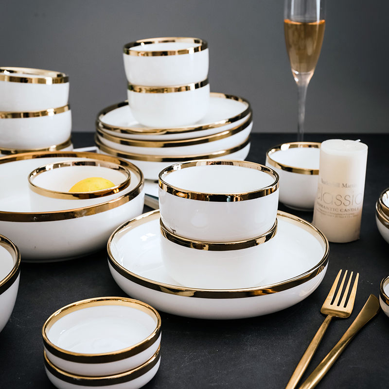 Dish Set for Home Use, Personalized and Creative Chopsticks, Bowls, and Plates Combination, Light Luxury Gold-Rimmed European-Style Ceramic Tableware Set, Rice Bowl